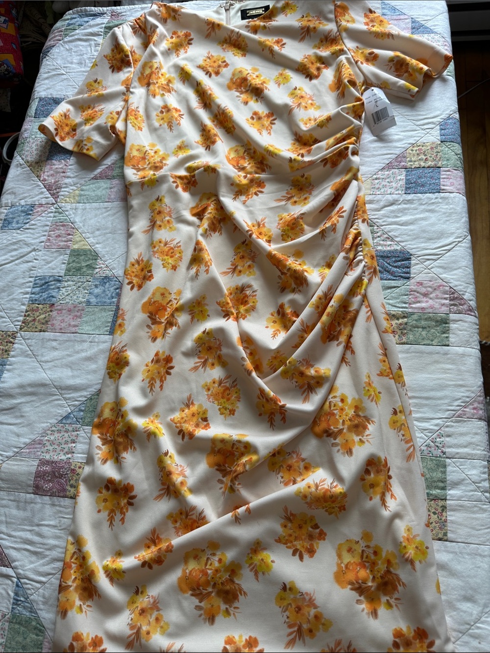W—Floral Midi Dress in Cream and Yellow - Elegant Women's Dress